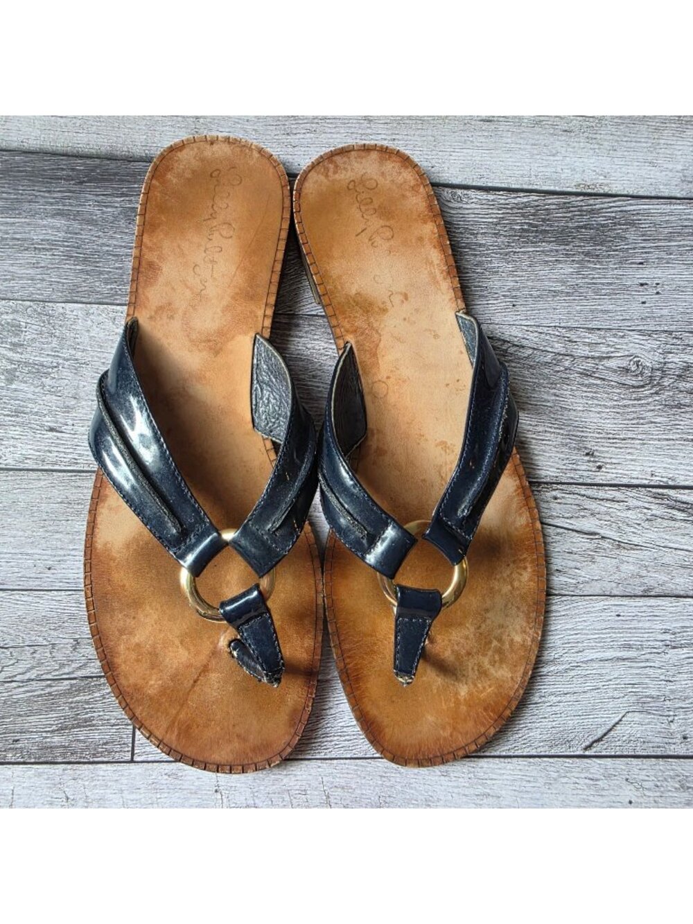 Lilly Pulitzer Black Leather Ring Accent Thong Sandals Size 8M Women